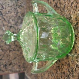 Vintage Hazel Atlas Green Colonial Block Uranium Glass Sugar Bowl with lid!